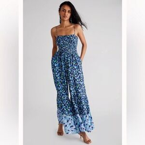 Free People Little of Your Love Floral Boho‎ Smocked Wide Leg Jumpsuit X-Small